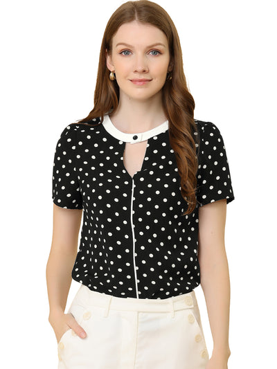 Short Sleeve Contrast Round Neck Keyhole Polka Dot Blouse