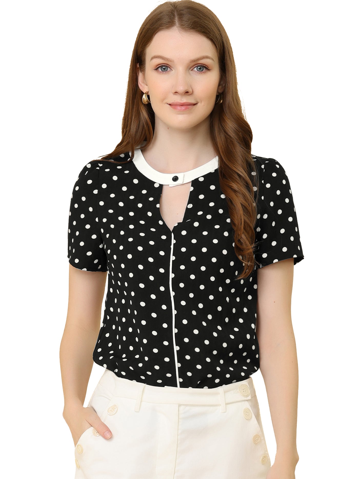 Allegra K Short Sleeve Contrast Round Neck Keyhole Polka Dot Blouse