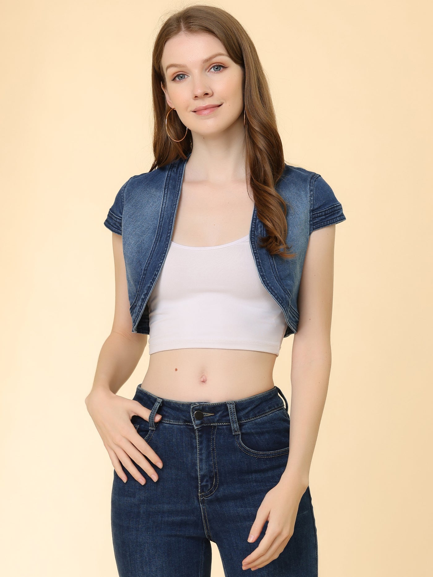 Allegra K Casual Crop Denim Cardigan Cap Sleeve Jean Jacket Shrug