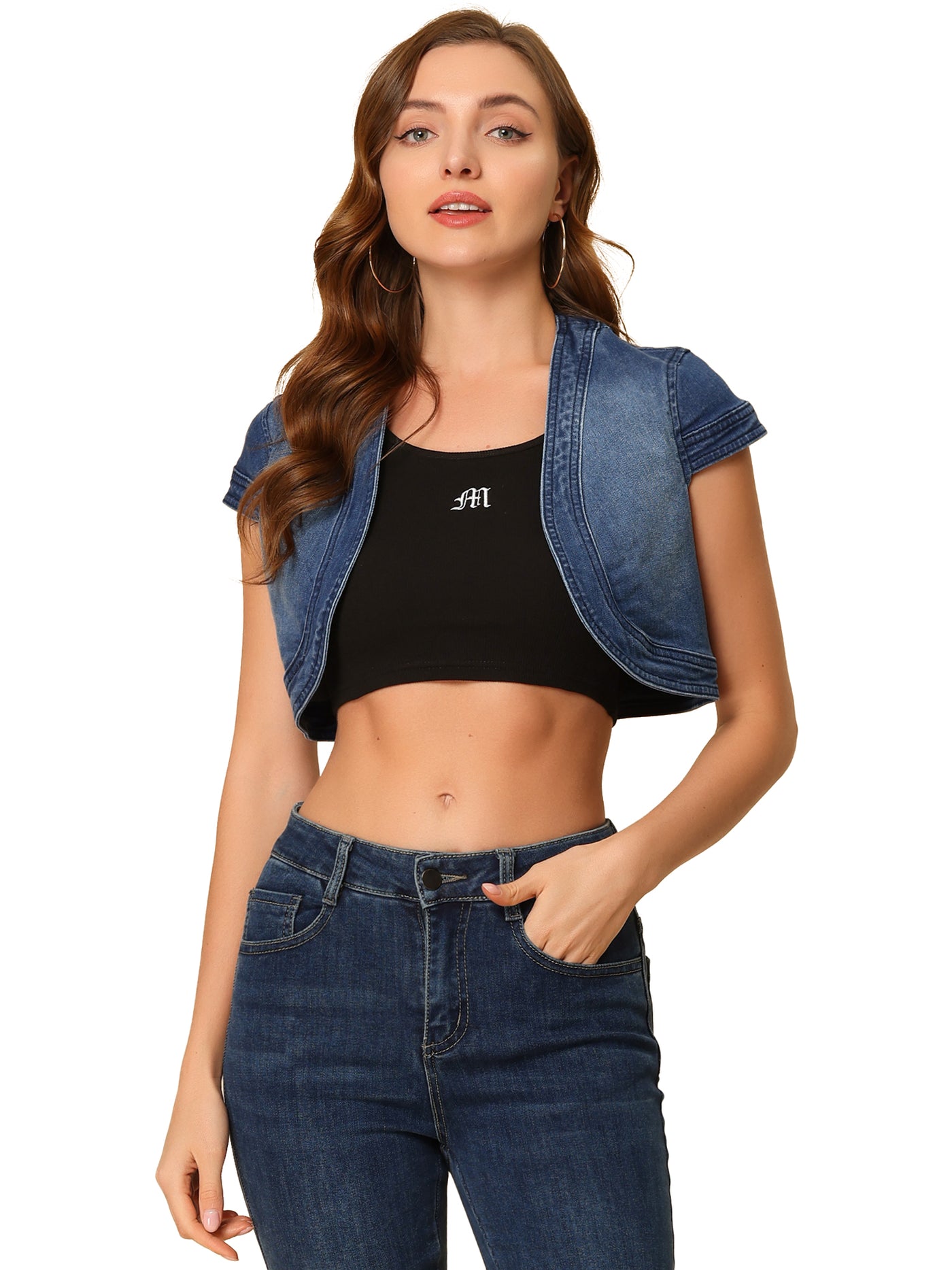 Allegra K Casual Crop Denim Cardigan Cap Sleeve Jean Jacket Shrug