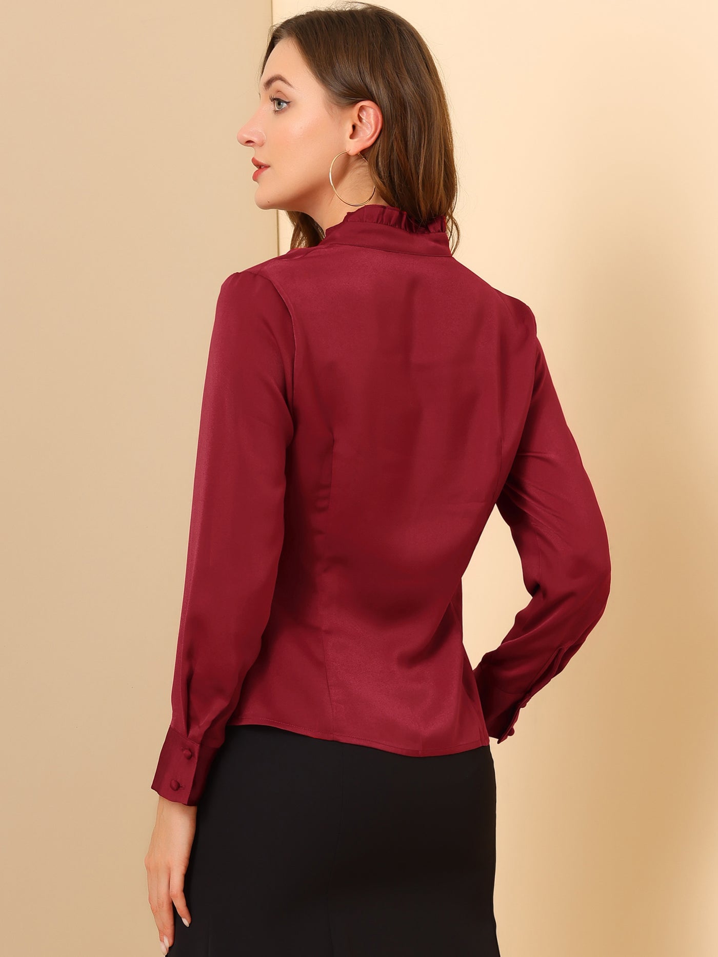 Allegra K Ruffled Stand Collar Shirt Long Sleeve Button Elegant Satin Blouse