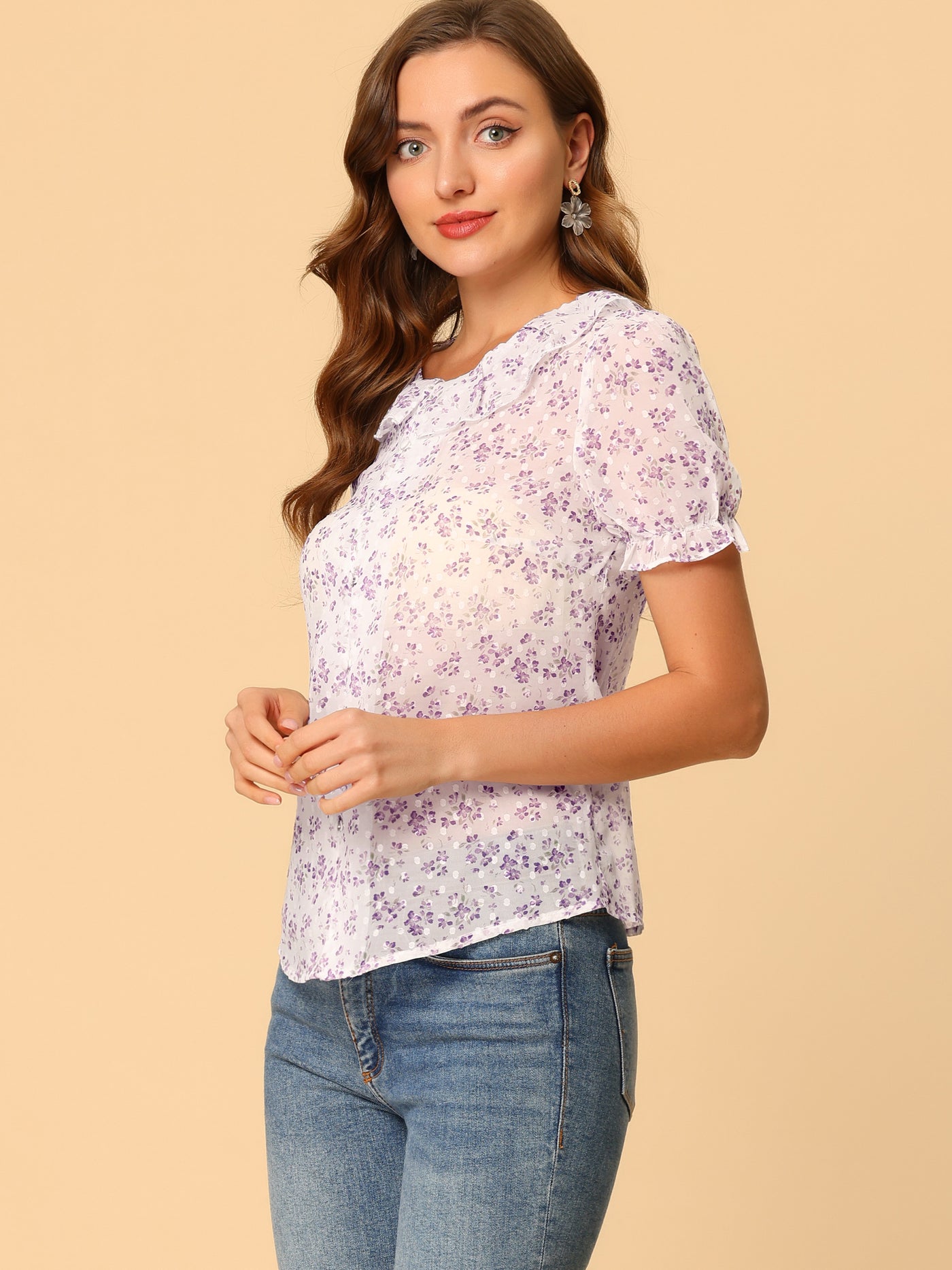 Allegra K Ruffle Collar See Through Chiffon Floral Puff Sleeve Casual Blouse