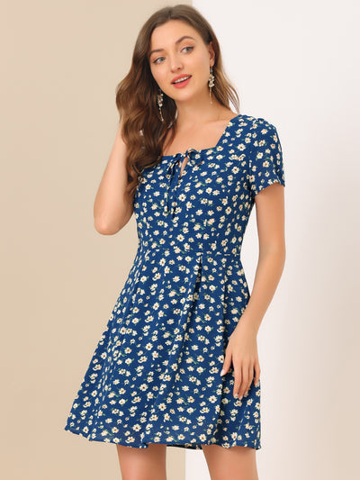 Printed Casual Square Neck Short Sleeve Fit and Flare Dress