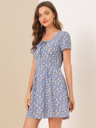 Printed Casual Square Neck Short Sleeve A-Line Dress