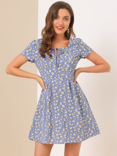 Printed Casual Square Neck Short Sleeve A-Line Dress