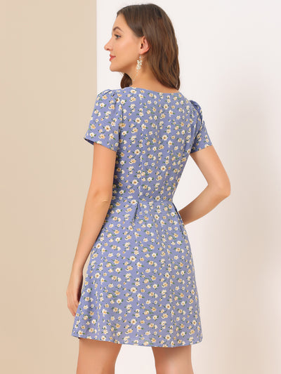 Printed Casual Square Neck Short Sleeve A-Line Dress