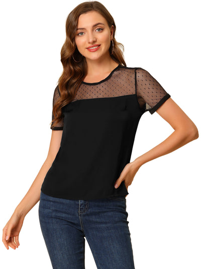 Mesh Panel Top Round Neck Chiffon Sheer Sleeve Blouse