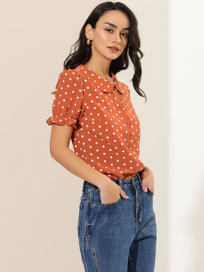 Polka Dot Short Puff Sleeve Button Up Peter Pan Collar Blouse