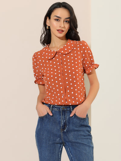 Polka Dot Short Puff Sleeve Button Up Peter Pan Collar Blouse