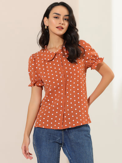 Polka Dot Short Puff Sleeve Button Up Peter Pan Collar Blouse