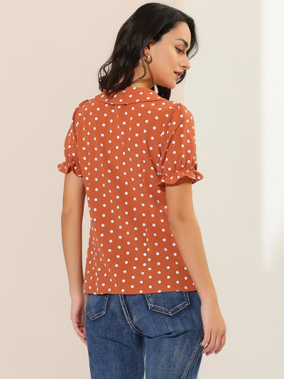 Polka Dot Short Puff Sleeve Button Up Peter Pan Collar Blouse