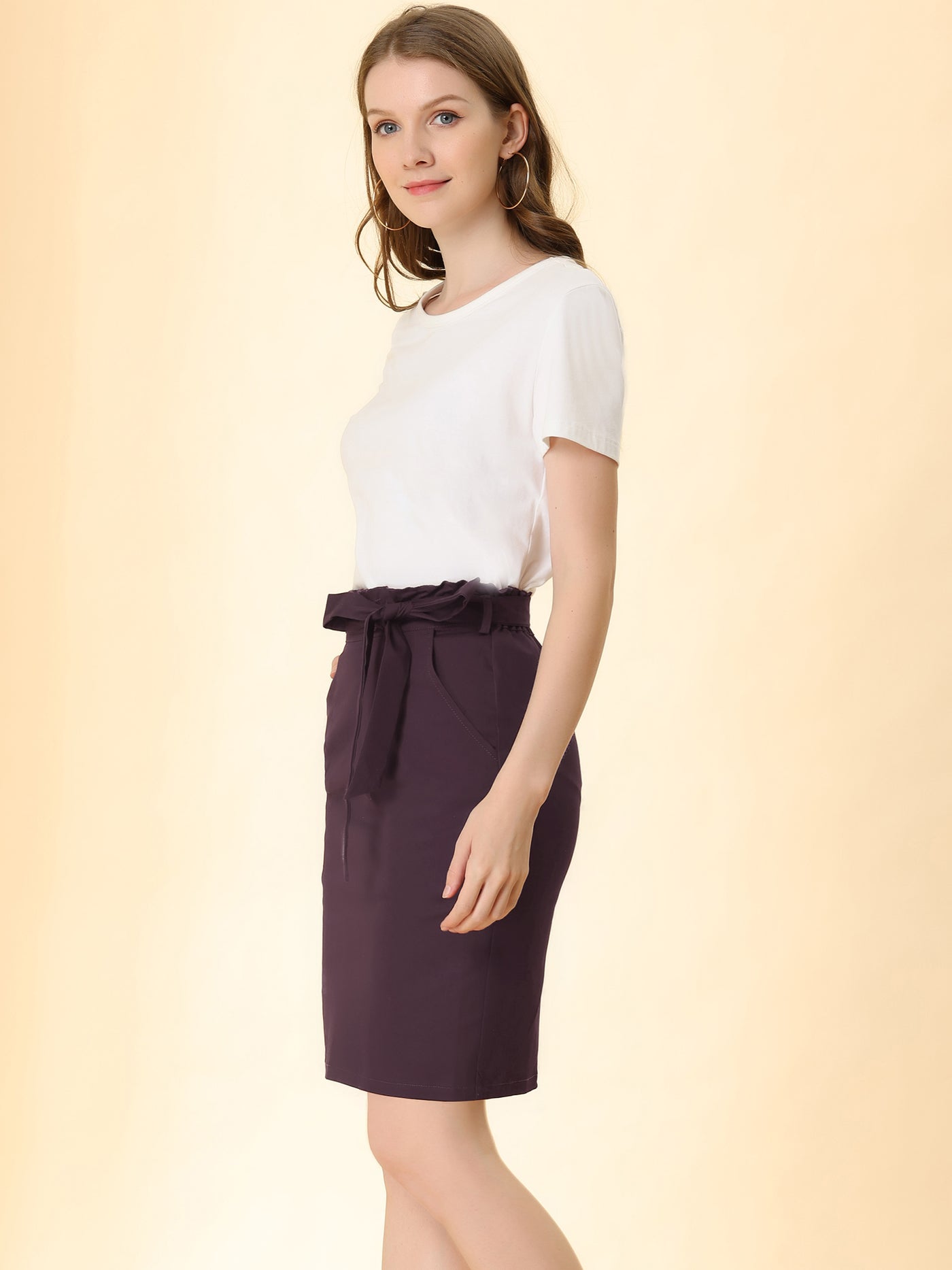 Allegra K Workwear Paperbag Elastic Waist Cotton Side Pockets Pencil Skirt