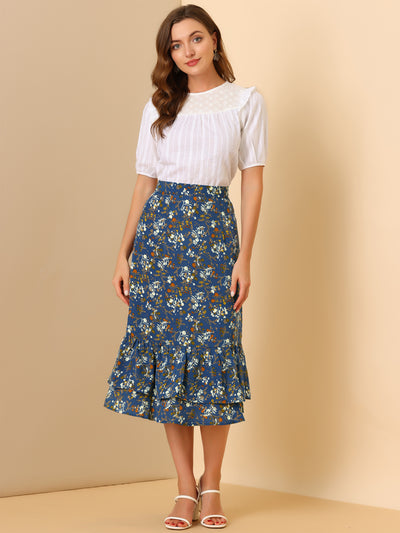 Printed Chiffon Elastic Waist Ruffle Tiered Flowy Midi Skirt