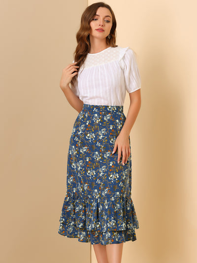 Printed Chiffon Elastic Waist Ruffle Tiered Flowy Midi Skirt