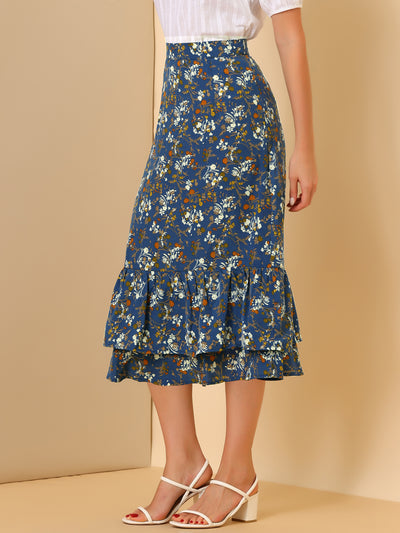 Printed Chiffon Elastic Waist Ruffle Tiered Flowy Midi Skirt