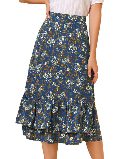 Printed Chiffon Elastic Waist Ruffle Tiered Flowy Midi Skirt