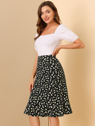 Floral Ruffle Elastic High Waist Button Flowy Split Midi Skirt