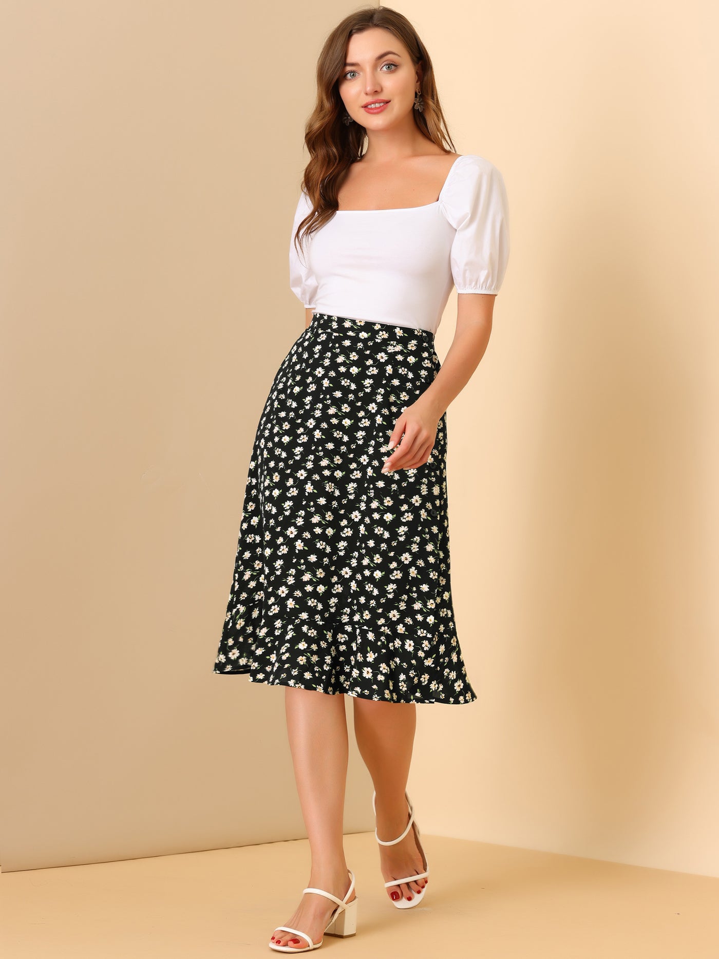 Allegra K Floral Ruffle Elastic High Waist Button Flowy Split Midi Skirt