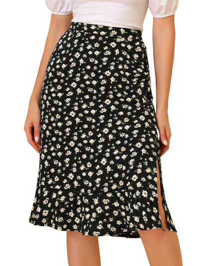 Floral Ruffle Elastic High Waist Button Flowy Split Midi Skirt