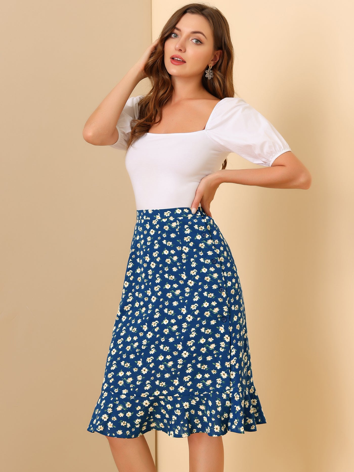 Allegra K Floral Ruffle Elastic High Waist Button Flowy Split Midi Skirt