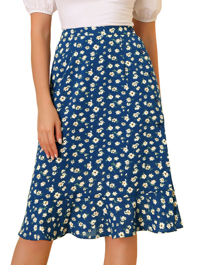 Floral Ruffle Elastic High Waist Button Flowy Split Midi Skirt