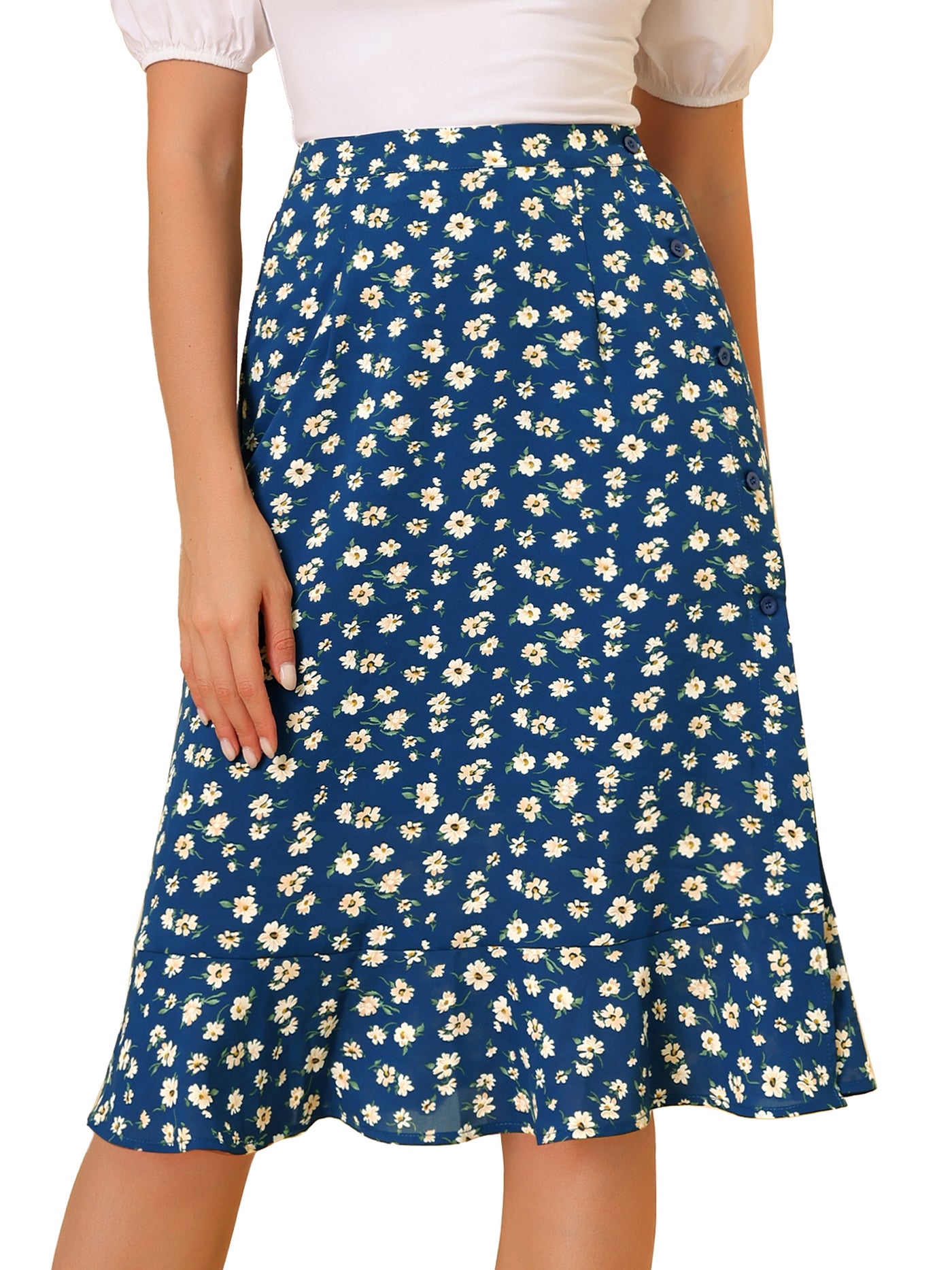 Allegra K Floral Ruffle Elastic High Waist Button Flowy Split Midi Skirt