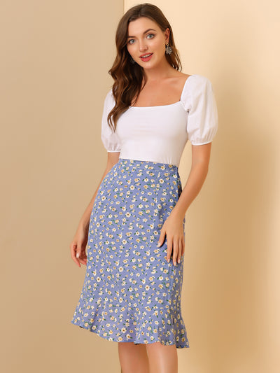 Floral Ruffle Elastic High Waist Button Flowy Split Midi Skirt