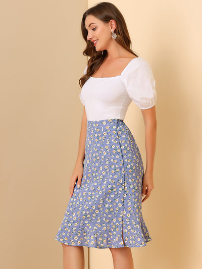 Floral Ruffle Elastic High Waist Button Flowy Split Midi Skirt