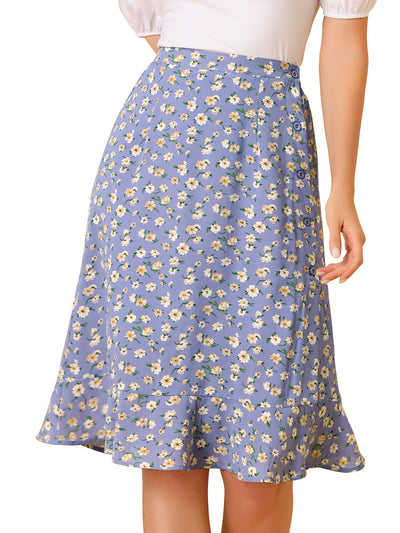 Floral Ruffle Elastic High Waist Button Flowy Split Midi Skirt