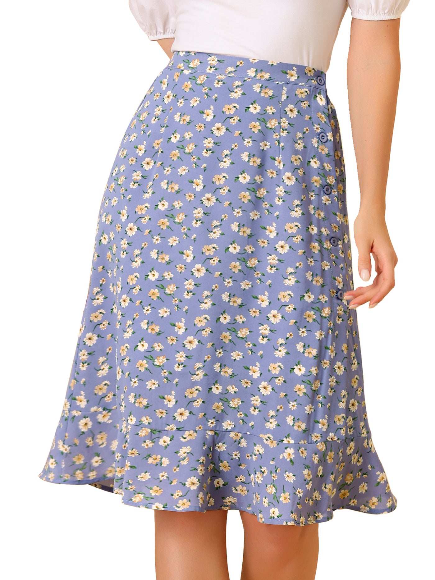 Allegra K Floral Ruffle Elastic High Waist Button Flowy Split Midi Skirt