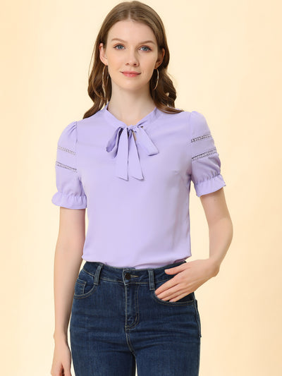 Bow Tie Collar Short Sleeve Elegant Office Workwear Blouse