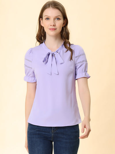 Bow Tie Collar Short Sleeve Elegant Office Workwear Blouse