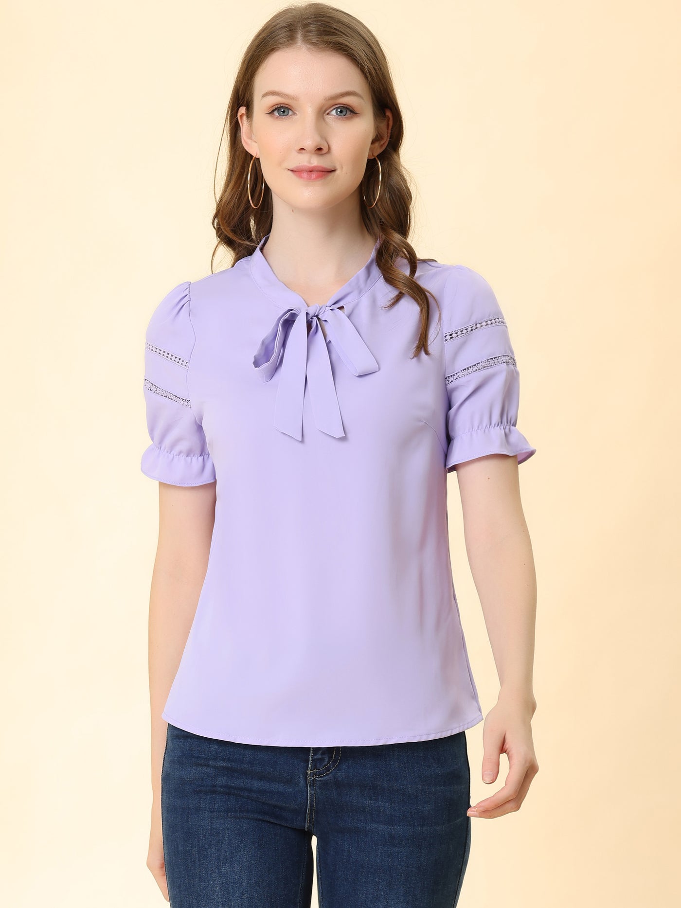 Allegra K Bow Tie Collar Short Sleeve Elegant Office Workwear Blouse