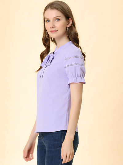 Bow Tie Collar Short Sleeve Elegant Office Workwear Blouse