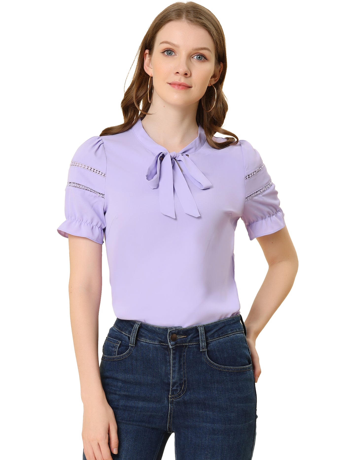 Allegra K Bow Tie Collar Short Sleeve Elegant Office Workwear Blouse