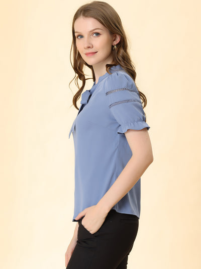 Bow Tie Collar Short Sleeve Elegant Office Workwear Blouse