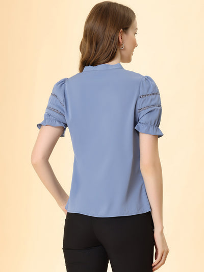 Bow Tie Collar Short Sleeve Elegant Office Workwear Blouse