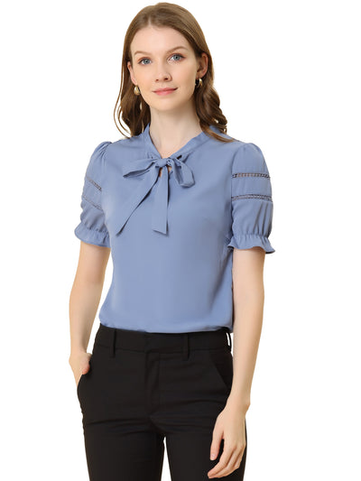 Bow Tie Collar Short Sleeve Elegant Office Workwear Blouse