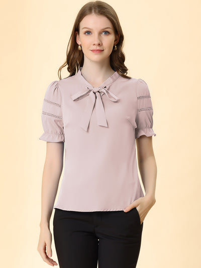 Bow Tie Collar Short Sleeve Elegant Office Workwear Blouse