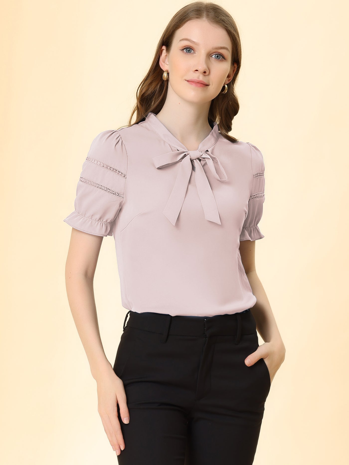 Allegra K Bow Tie Collar Short Sleeve Elegant Office Workwear Blouse