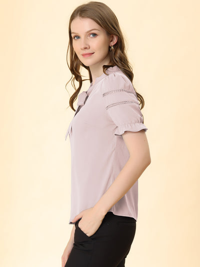 Bow Tie Collar Short Sleeve Elegant Office Workwear Blouse