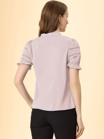 Bow Tie Collar Short Sleeve Elegant Office Workwear Blouse