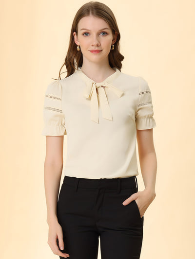 Bow Tie Collar Short Sleeve Elegant Office Workwear Blouse