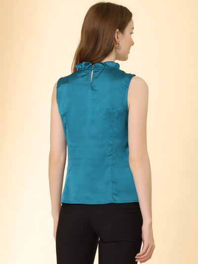 Sleeveless Blouse Mock Neck Ruffles Elegant Satin Work Tops