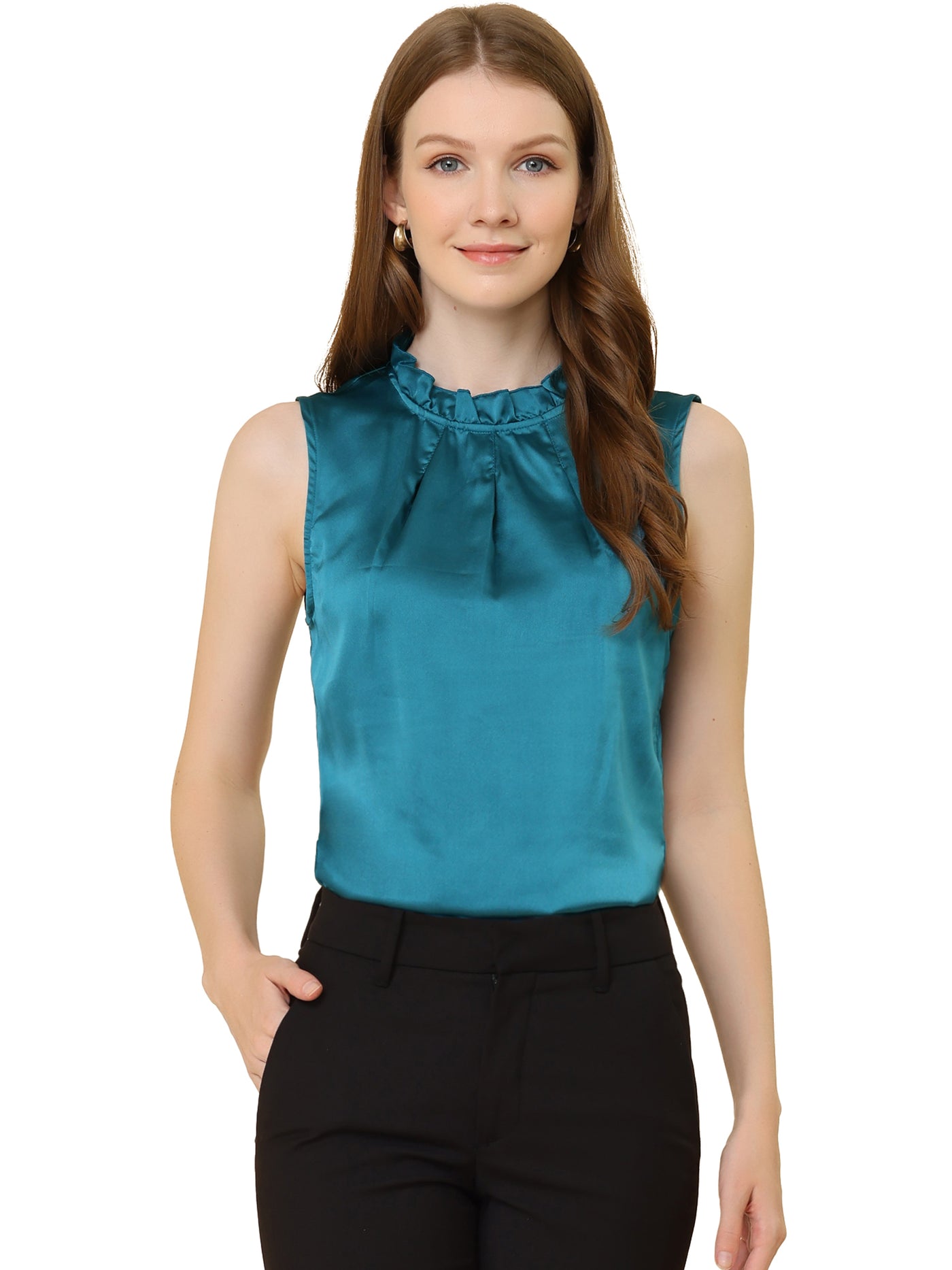 Allegra K Sleeveless Blouse Mock Neck Ruffles Elegant Satin Work Tops