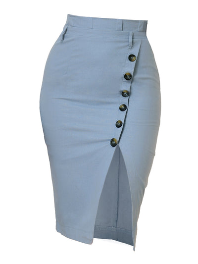 Button Decor Split Belted Smocked Vintage Short Pencil Skirt