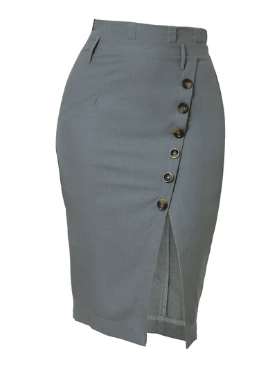 Button Decor Split Belted Smocked Vintage Short Pencil Skirt