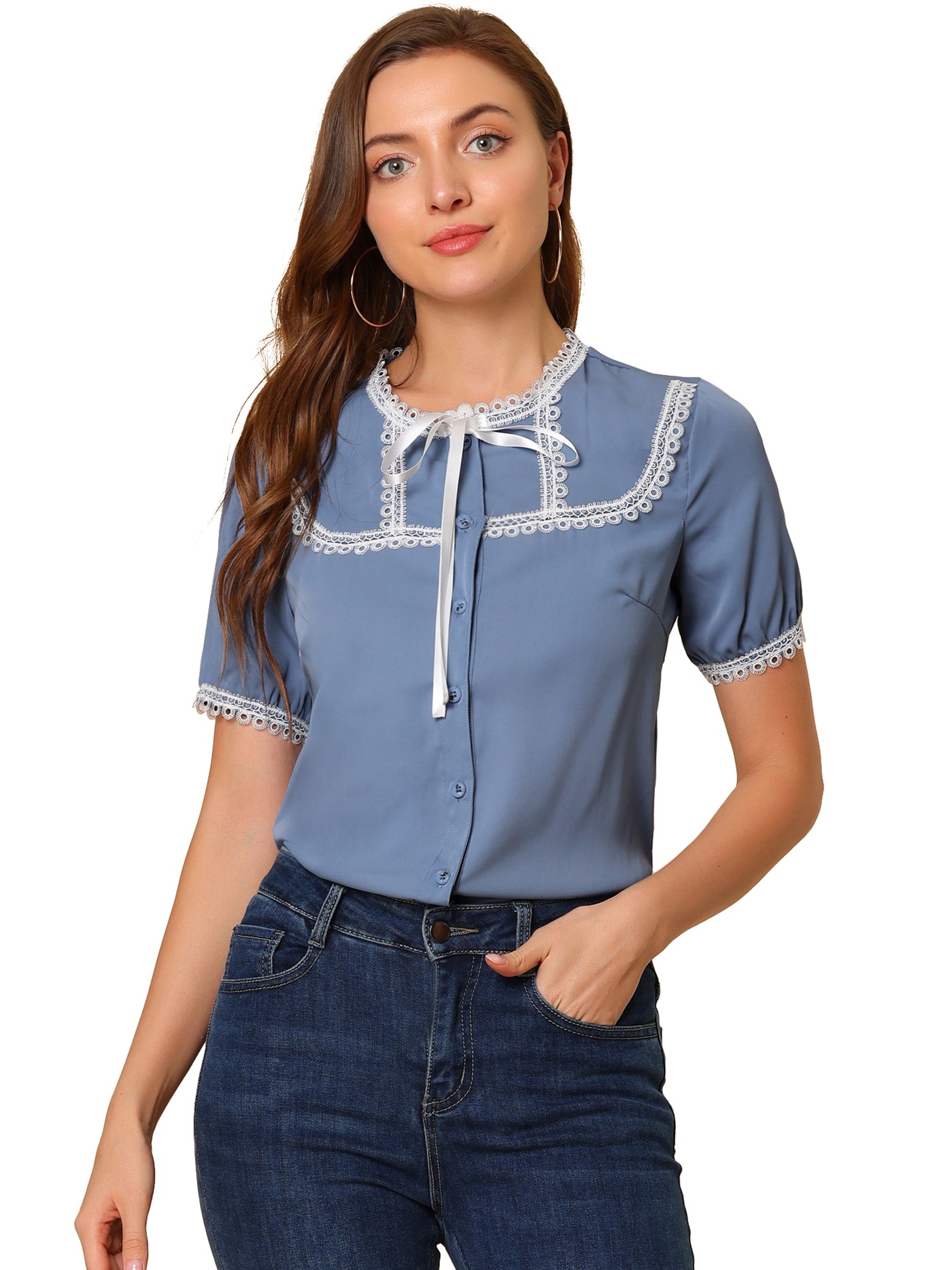 Allegra K Short Sleeve Blouse Lace Panel Bow Tie Collar Button Down Shirt