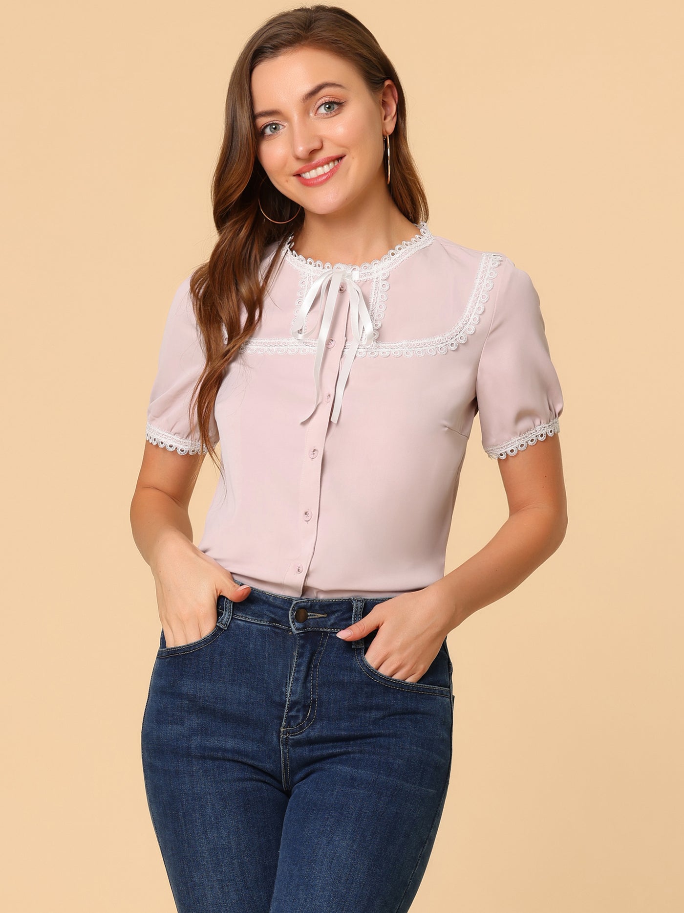 Allegra K Short Sleeve Blouse Lace Panel Bow Tie Collar Button Down Shirt