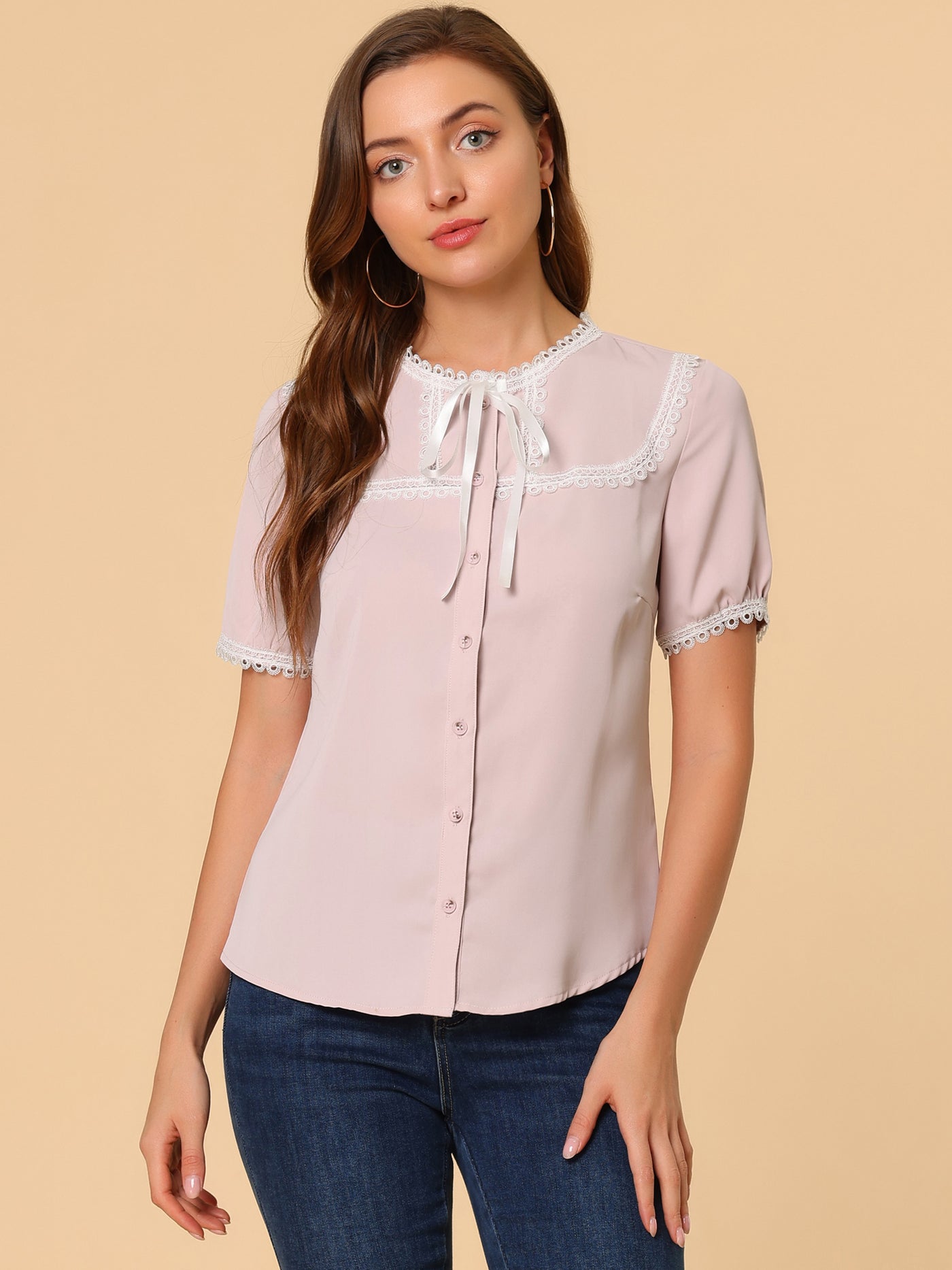 Allegra K Short Sleeve Blouse Lace Panel Bow Tie Collar Button Down Shirt